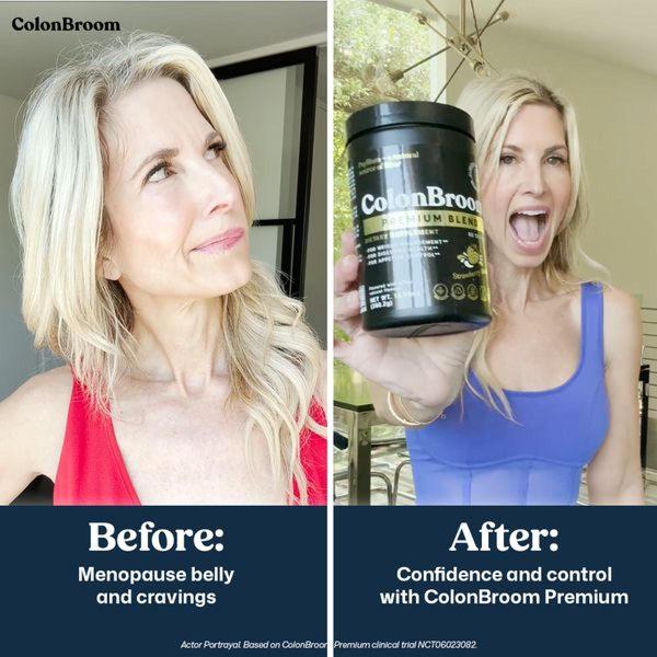 This 1:1 square ad uses a split-screen layout to contrast the pain points of menopause-related bloating against the confidence of using the featured dietary supplement.